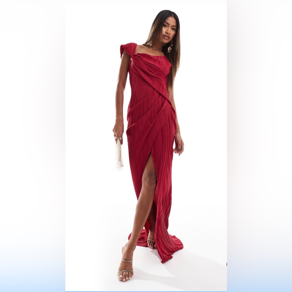 ASOS Design plisse one shoulder drape maxi dress with super high slit